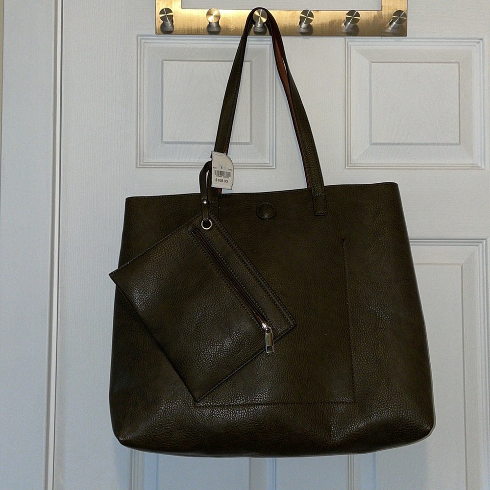 NEW with flaw, large leather tote bag olive tan